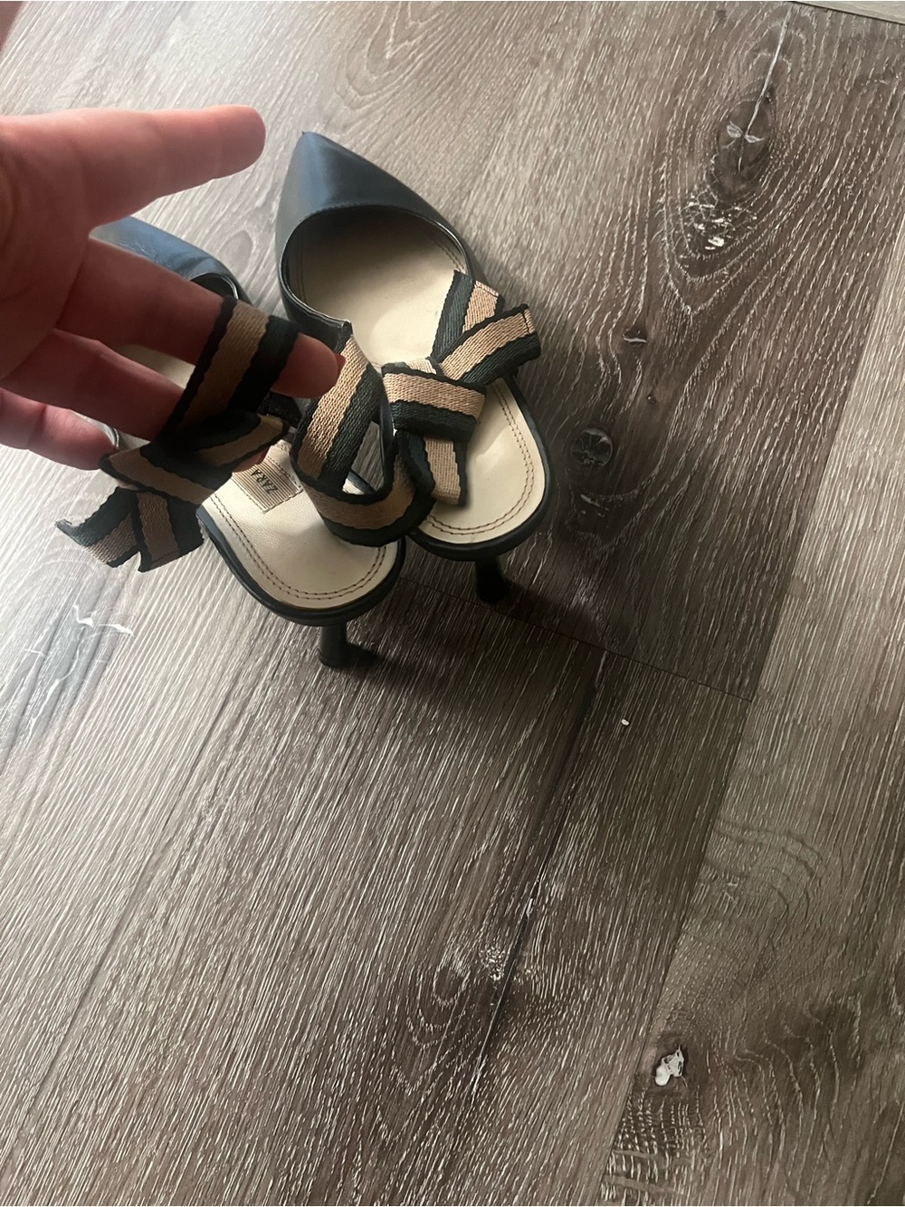 Zara Black Pointed Kitten Heels with Tan Bow Straps